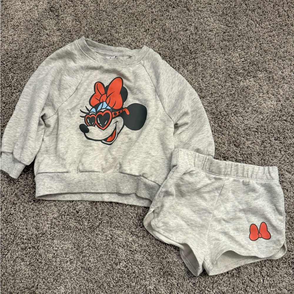 Disney Girls Grey Minnie Sweatshirt & Shorts Set with Red Accents